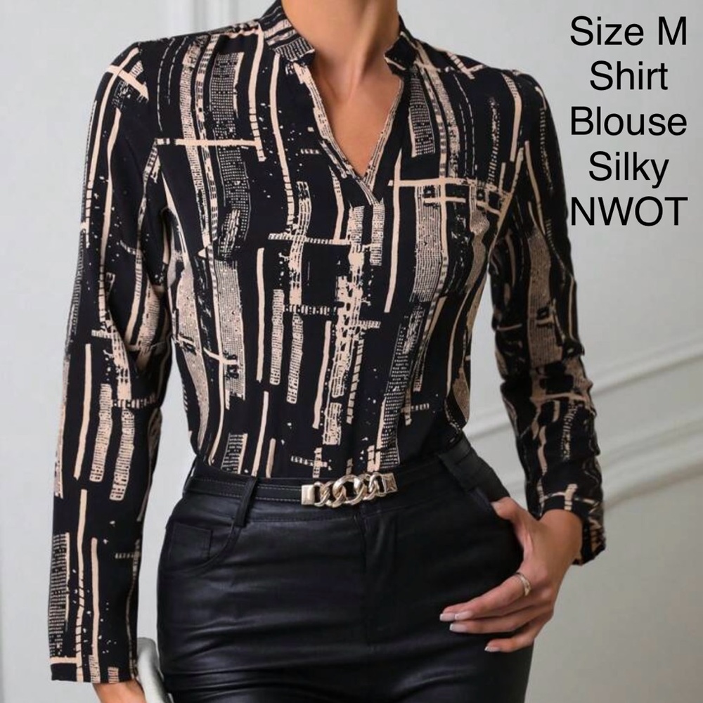 5/$15💥 Pattern Shirt business work silky color block blouse top Spring Summer